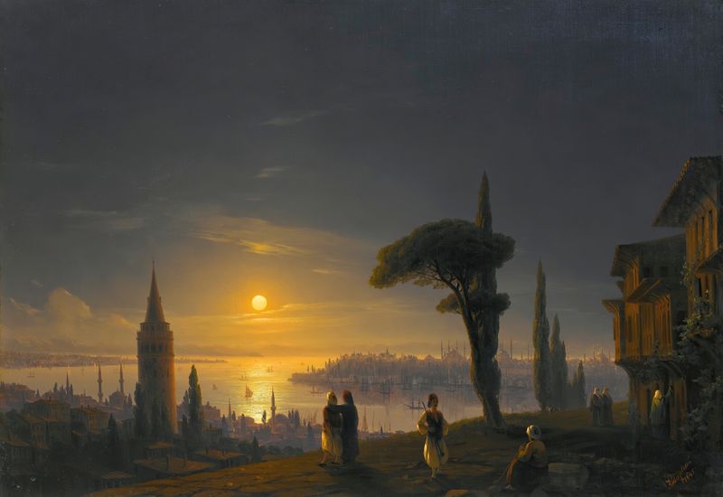 A Torre de Galata por Ivan Aivazovsky, óleo sobre tela, iluminada pela luz da lua sobre águas inquietas.