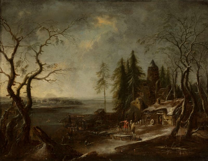 Winter landscape by Francesco Foschi, depicting a snowy scene in soft blues and whites.