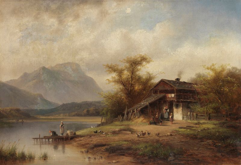 Genre scene depicting women by the lake doing laundry, oil painting by Anton Doll