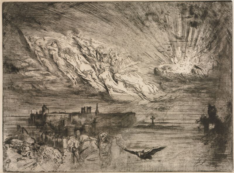 The Spirits from the Cities of the Dead, etching by Félix Hilaire Buhot, featuring ethereal figures and shadows.