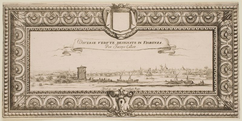 Frontispício de ‘As Paisagens de Florença’, gravação de Jacques Callot com figuras e uma paisagem detalhada