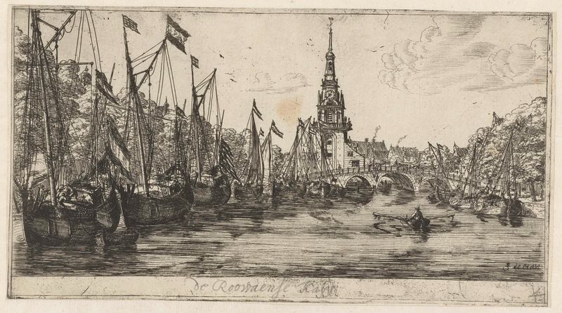 Gravura de Reinier Nooms retratando um cais com barcos e figuras ao pôr do sol.