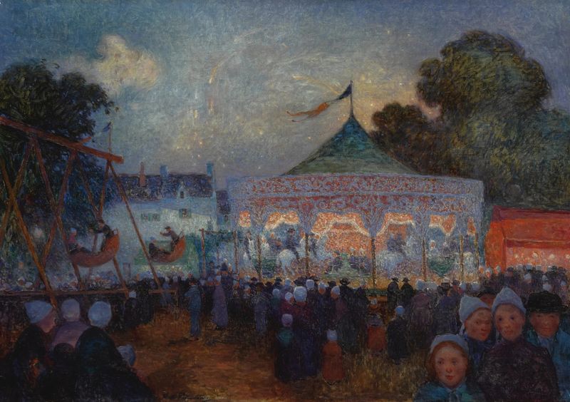 Carnival scene with a carousel and horses, oil painting by Ferdinand du Puigaudeau