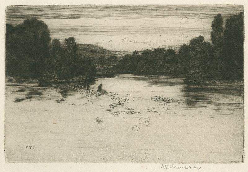 Evening on the Garry de David Young Cameron, pintura al óleo que representa un río tranquilo al atardecer