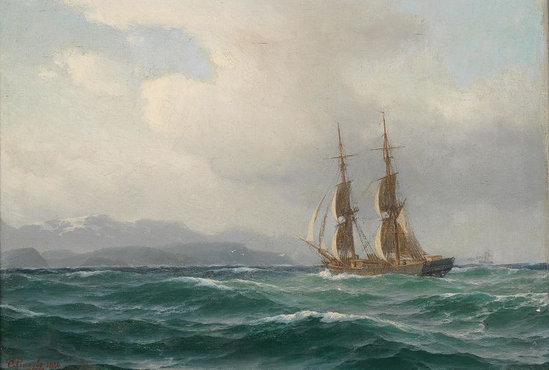 Maritime Painting by Carl Emil Baagøe, oil painting depicting serene water and sky reflections.