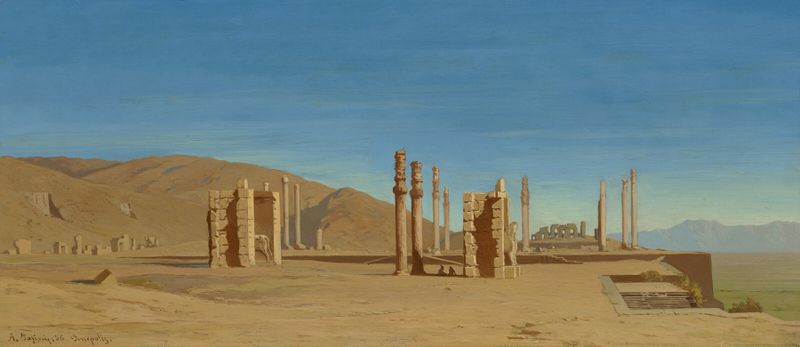Las Ruinas de Persépolis, óleo sobre lienzo de Alberto Pasini, con columnas antiguas y luz cálida.
