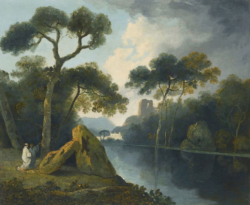 A river landscape with monks conversing by megaliths, oil on canvas by William Hodges.