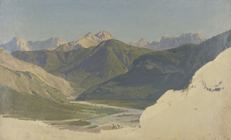 Isar valley near Mittenwald by Eduard Wilhelm Pose, oil on canvas depicting a lush landscape.