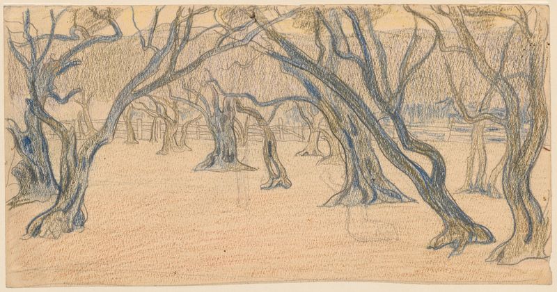 Oil painting by Jan Rembowski depicting an alley of leafless trees with elongated shadows.