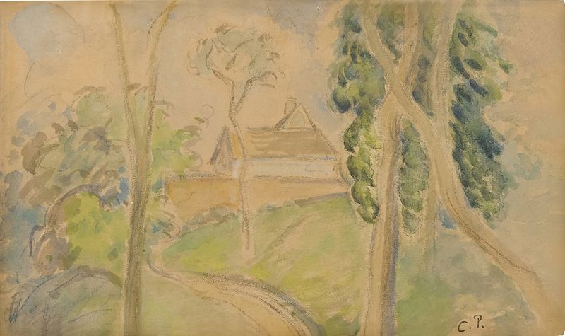 Country Scene with a House along a Road de Camille Pissarro, óleo de uma paisagem tranquila.