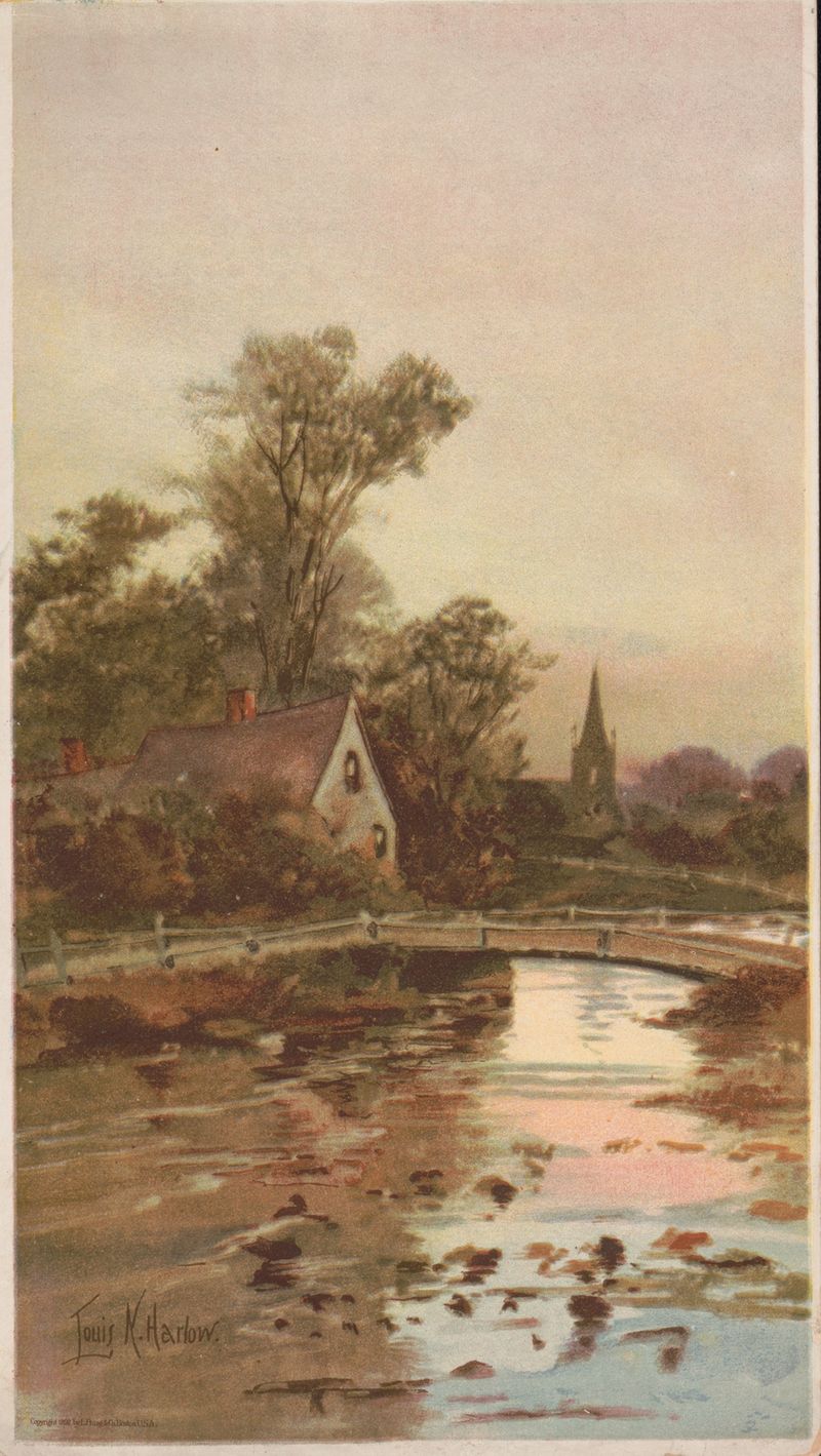 Paisaje con un puente, cabaña y iglesia de Louis Kinney Harlow, 1892