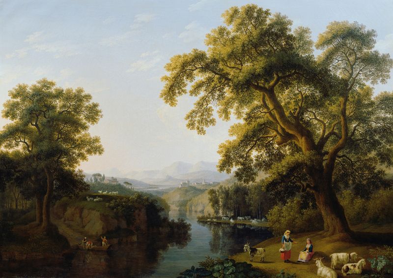 Paisaje con un río fluyendo a través de un valle, pintura al óleo de Jacob Philipp Hackert