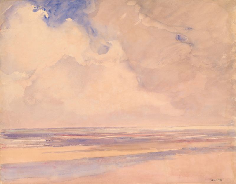 Cena marinha de Richard Baseleer, apresentando azuis e cinzas suaves em uma pintura a óleo