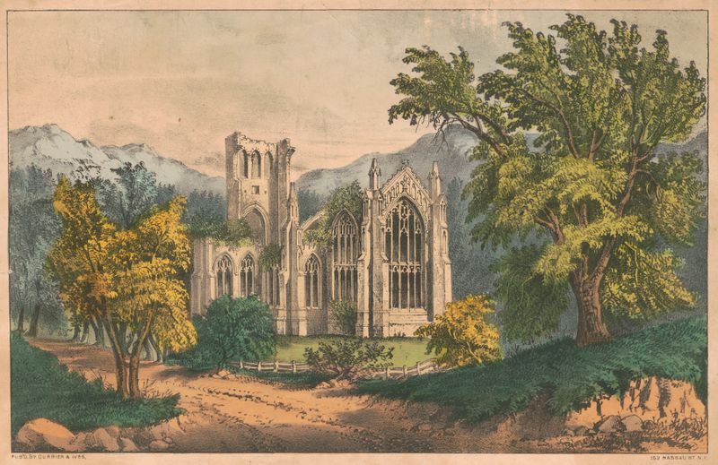 Litografia de Melrose Abbey de Currier & Ives, apresentando majestosas ruínas e paisagem.