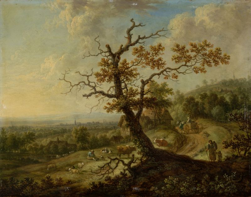 Paisagem com Animais de Fazenda de Christian Georg Schütz o Velho, pintura a óleo