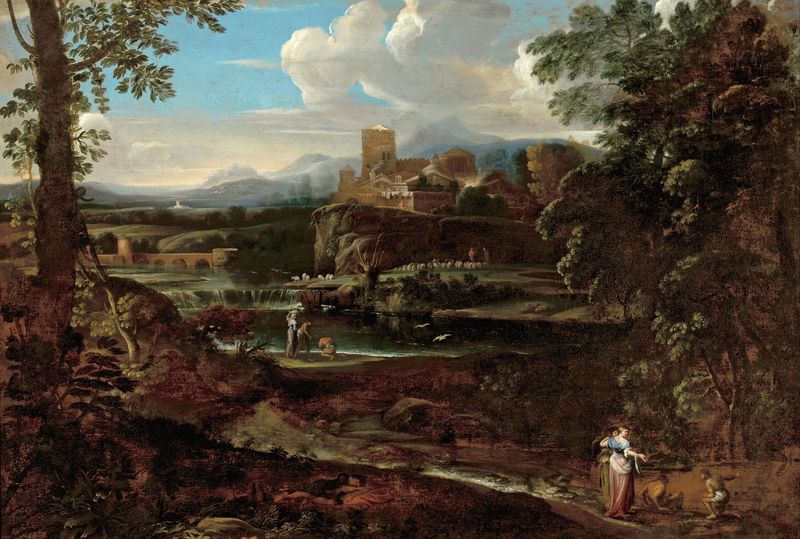 Classical landscape by Giovanni Francesco Grimaldi, oil painting depicting rolling hills and soft light.