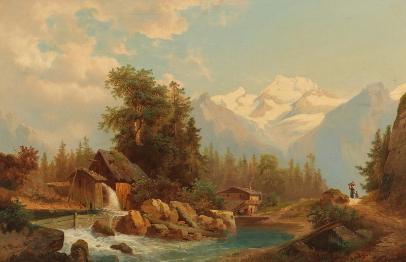 Oil painting by Josef Thoma featuring a mountain stream and a rustic mill
