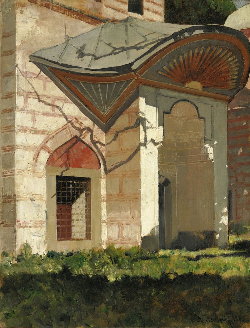Porta Del Turbè Con Sole Raggiante Dipinto de Alberto Pasini, óleo de uma porta intrincada com luz do sol.