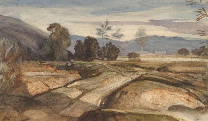 Landscape by Alexandre-Gabriel Decamps, oil on canvas depicting rolling hills under a cerulean sky.