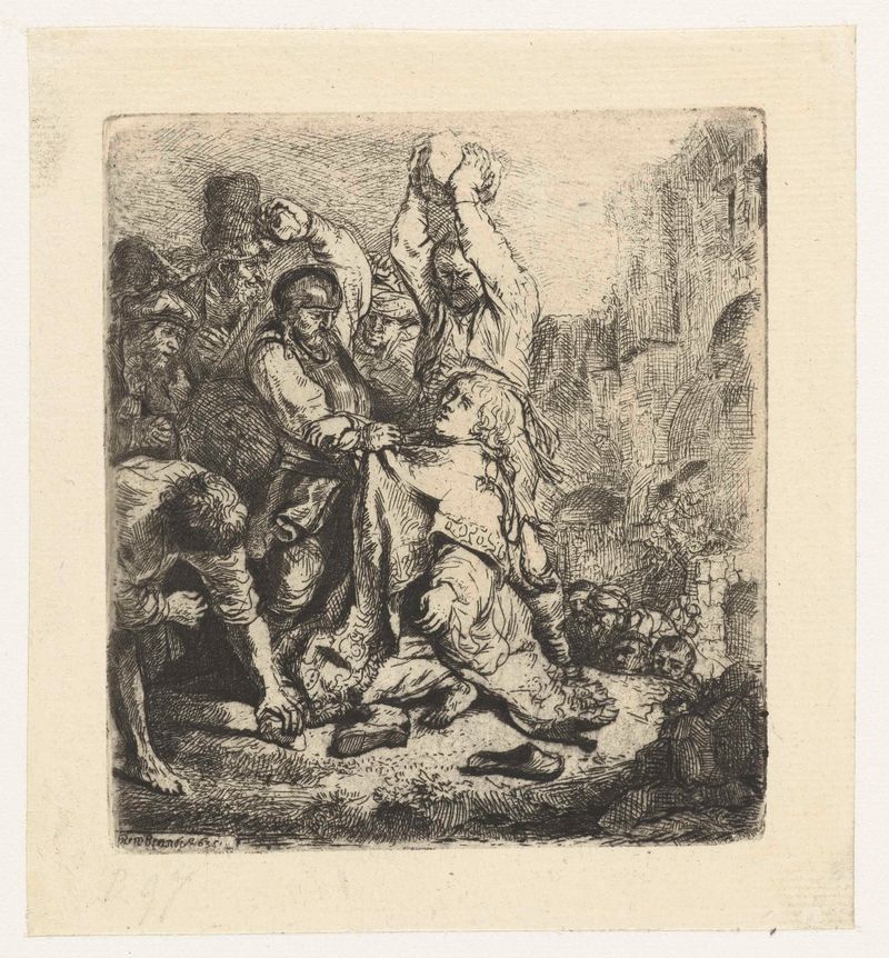 La Lapidación de San Esteban, grabado de Rembrandt van Rijn, que representa el martirio con luz dramática.