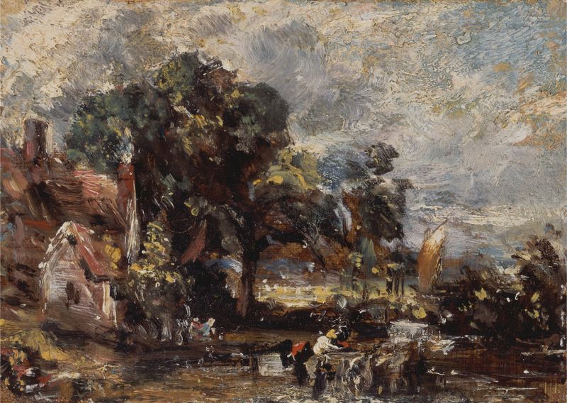Sketch for ‘The Haywain’ de John Constable, pintura al óleo que muestra árboles y un río bajo una suave bruma.