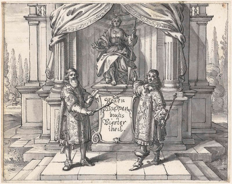 Gravura de Michael Heer mostrando um emblema intrincado com luz e sombra