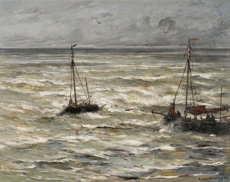 Oil painting of turbulent sea with waves by Hendrik Willem Mesdag