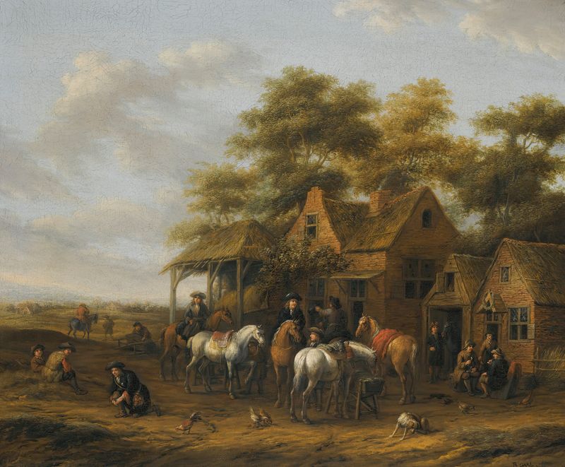 Cena de vila com figuras, cavalos e galinhas, óleo sobre tela de Barent Gael