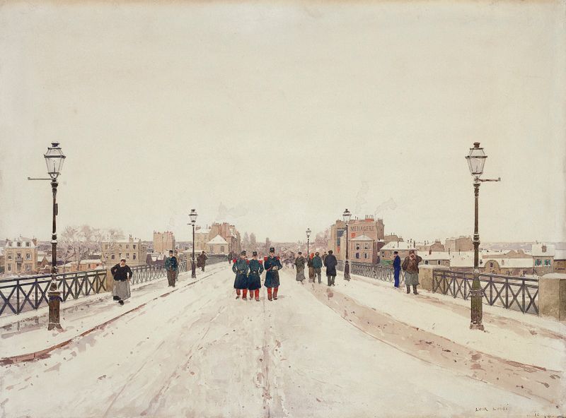 Figuras en un puente en la nieve, óleo sobre lienzo de Luigi Loir