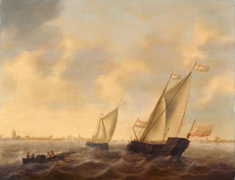 Marine scene with ships and boats at sea by Jacob Adriaensz. Bellevois, oil painting