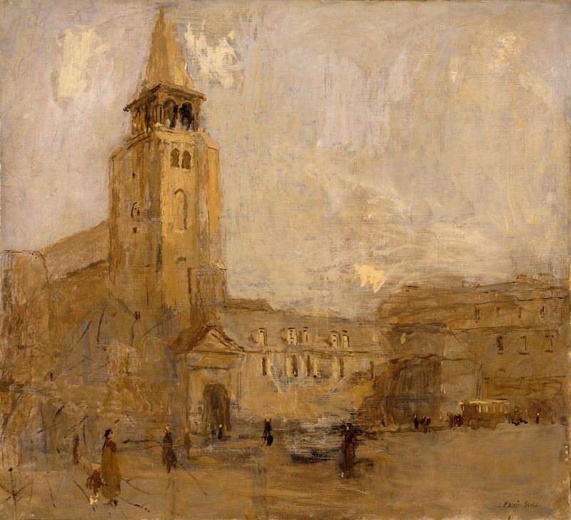 St. Germain des Pres no. II de Frank Edwin Scott, óleo sobre lienzo que representa un paisaje urbano tranquilo.