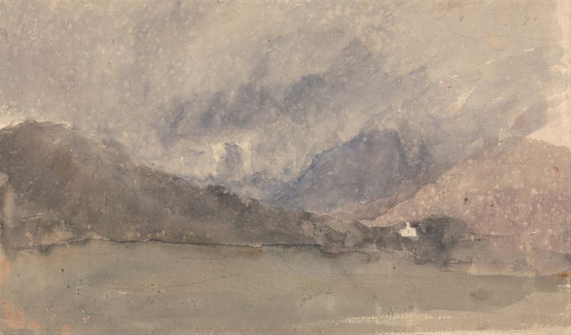 Aquarela de David Cox mostrando montanhas enevoadas e céu suave