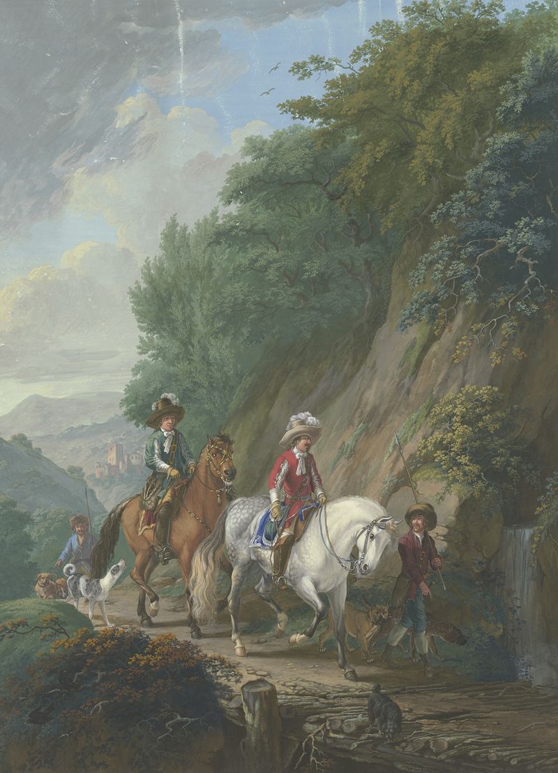 Pintura al óleo de Johann Georg Pforr que muestra un caballero en un caballo blanco cruzando un puente cerca de una cascada.