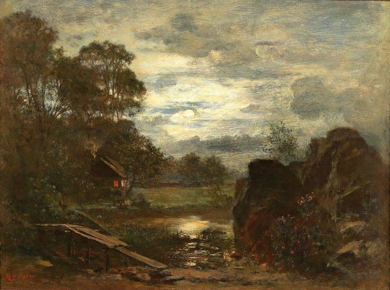 Pond landscape with jetty and hut in the moonlight, oil painting by Franz Rumpler