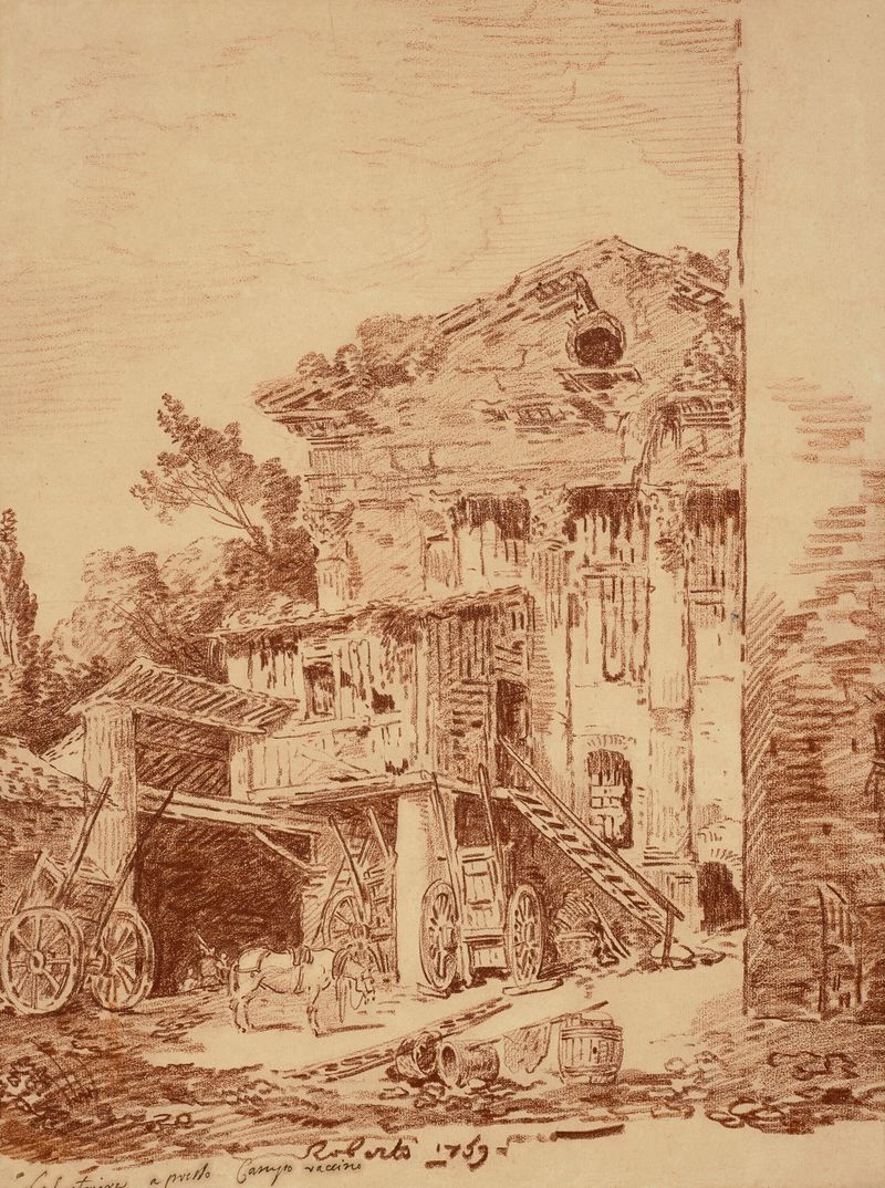 Pátio com arcos e luz, óleo sobre tela de Hubert Robert