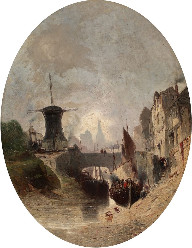 Romantic landscape with windmill, oil on canvas by Eugène Deshayes