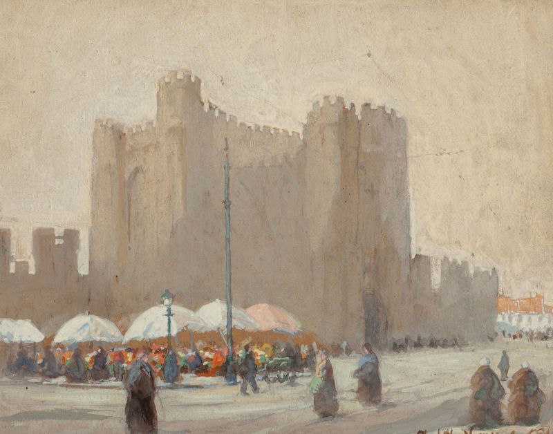 Vendedores de Flores Belgas, óleo sobre tela de Elizabeth Nourse, com flores e o Castelo Gravensteen.
