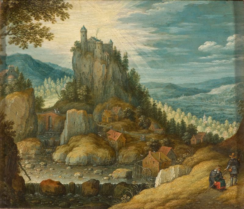 Paisagem com uma Fortaleza de Marten Ryckaert, pintura a óleo que retrata colinas e uma fortaleza.