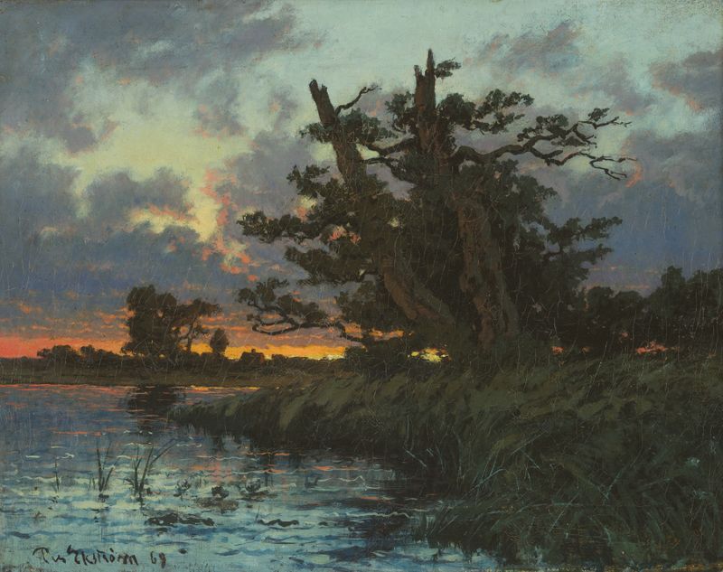 Landscape after Sunset by Per Ekström, oil painting depicting a twilight sky with vibrant colors.
