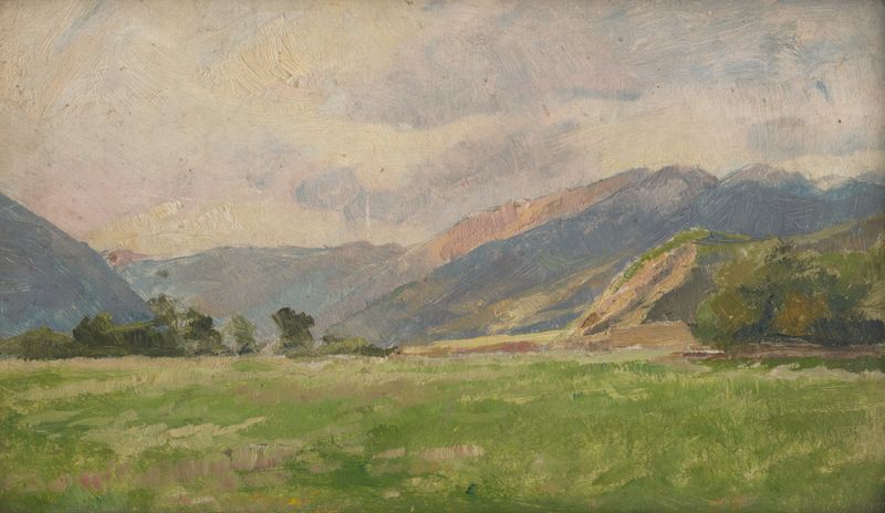 Mountain Meadow by Ľudovít Čordák, oil on canvas depicting a lush landscape with wildflowers.