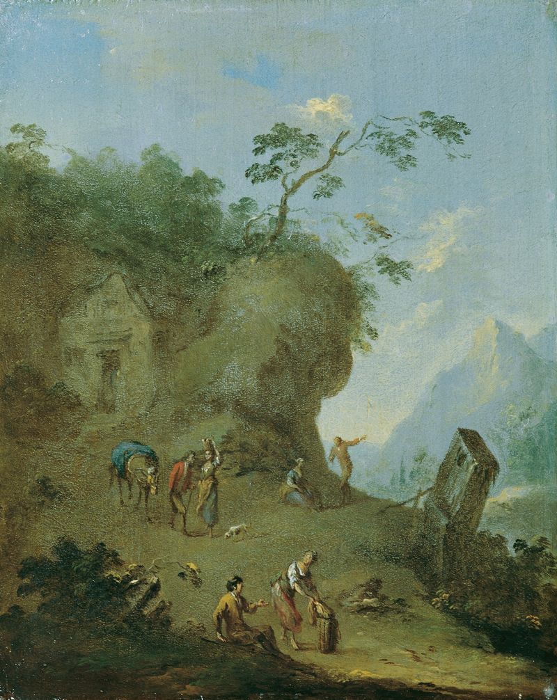 Rococo oil painting by Norbert Joseph Carl Grund depicting a hut in a forest
