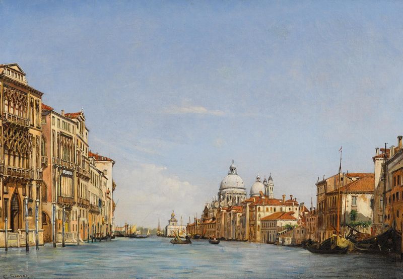 Oil painting by Giovanni Grubacs depicting the Grand Canal and Santa Maria della Salute.