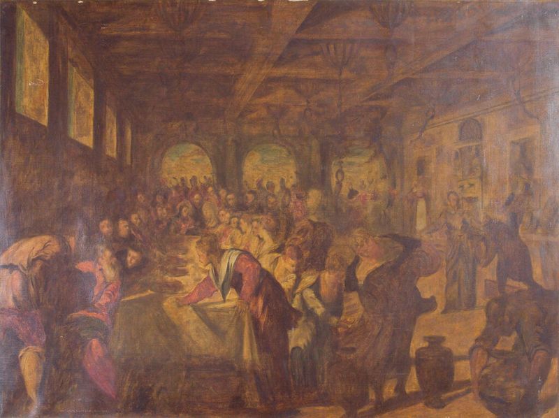Wedding Feast at Cana, oil painting by Robert David Gauley, depicting a joyful celebration with guests and light.