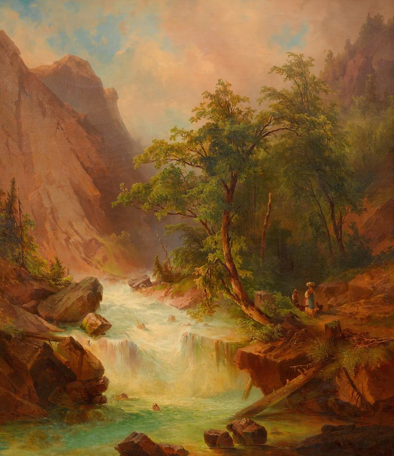 Wildbach in Gebirgslandschaft by Georg Geyer, oil on canvas depicting a waterfall in a mountain landscape.