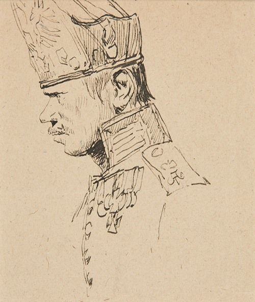 A detailed profile portrait of a grenadier wearing a tall hat and uniform.