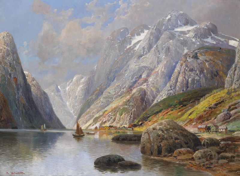 Fjordlandschaft de Karl Kaufmann, óleo sobre lienzo, que muestra un paisaje sereno con colinas y acantilados.