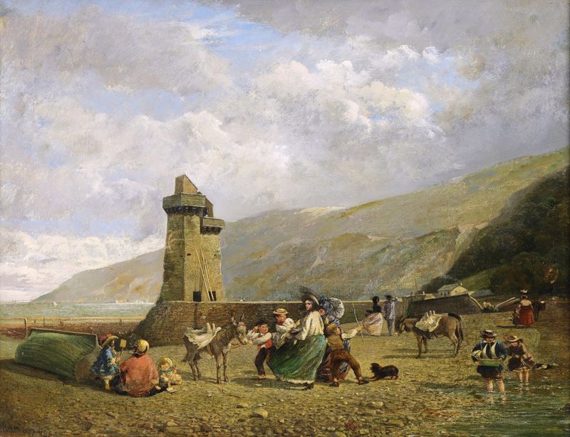 Casal na praia em Seaside Pleasures & Players, óleo sobre tela de Frederick Henry Howard Harris