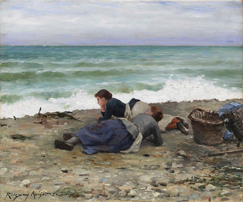 High Tide, Étretat de Daniel Ridgway Knight, óleo sobre tela que retrata ondas e penhascos sob a luz do sol