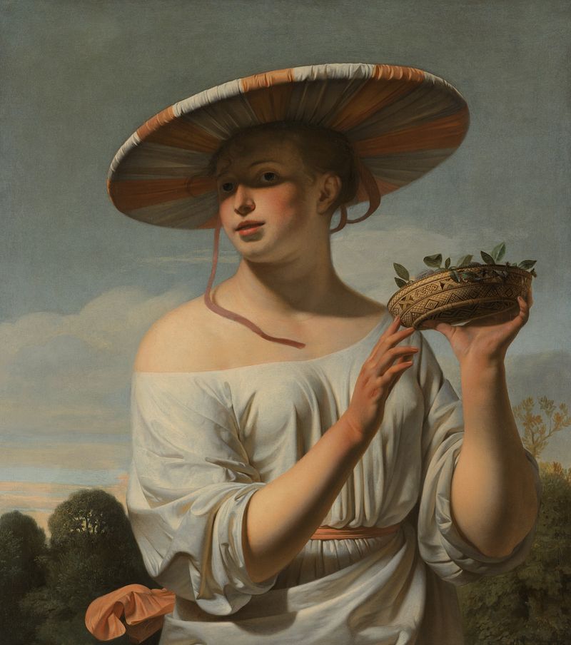 Retrato de uma mulher com um grande chapéu e uma cesta, pintura a óleo de Caesar van Everdingen