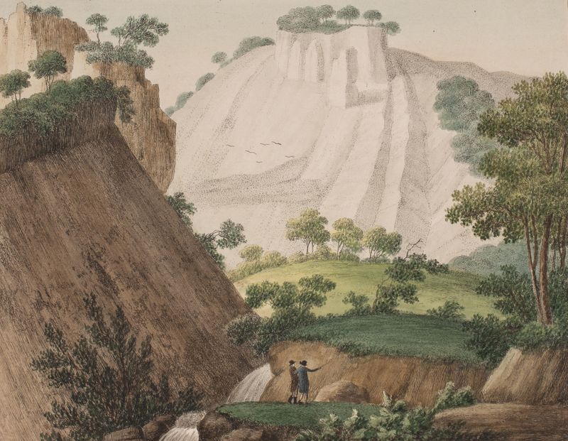 Pintura a óleo de paisagem por Søren L. Lange com penhascos claros e um céu sombrio